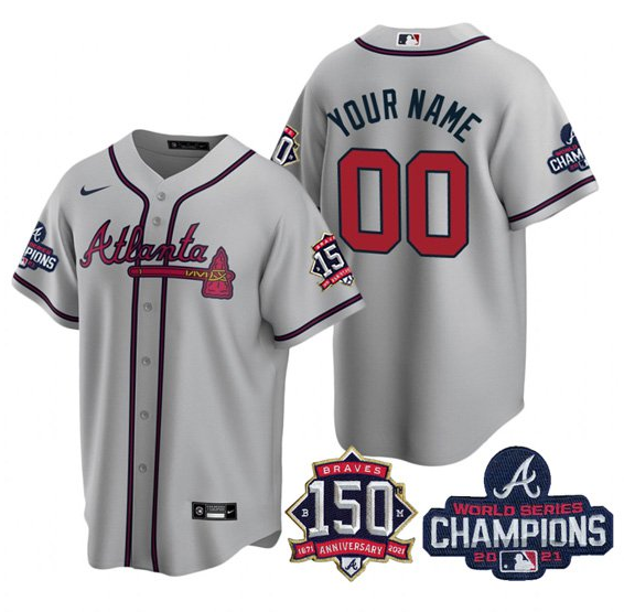 Men's Atlanta Braves Active Player Custom 2021 Grey World Series Chimpions With 150th Anniversary Cool Base Stitched Jersey